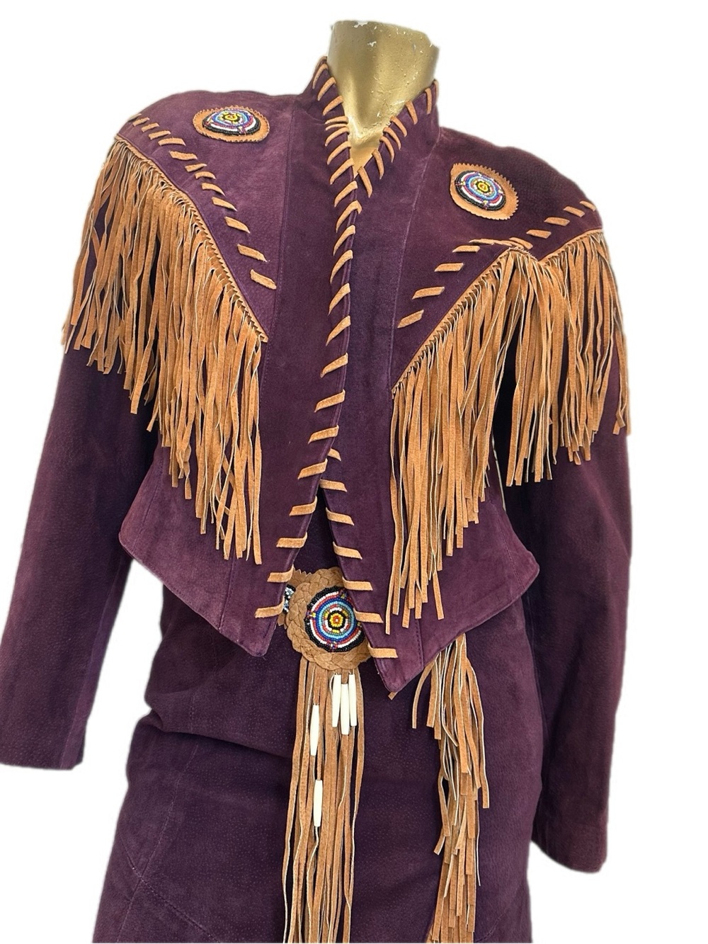 Vintage Frontier Collection Suede Leather Fringe Beaded Jacket/Skirt Set L-5/6 - Picture 5 of 16